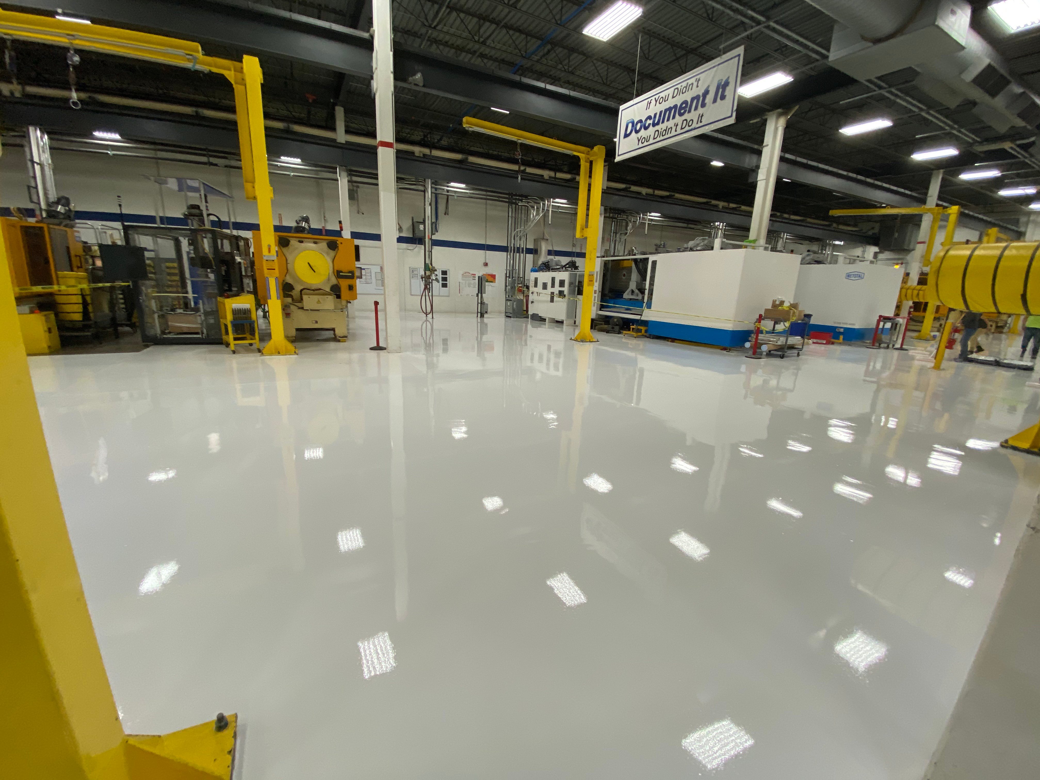 white High Build Epoxy flooring in a manufacturing facility in illinois