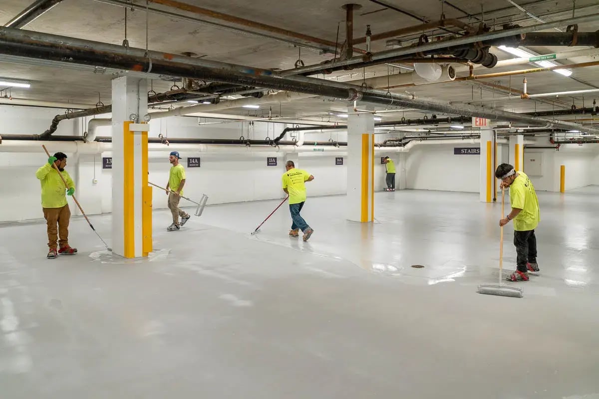 CustomCrete instals an Epoxy floor in an Illinois parking garage